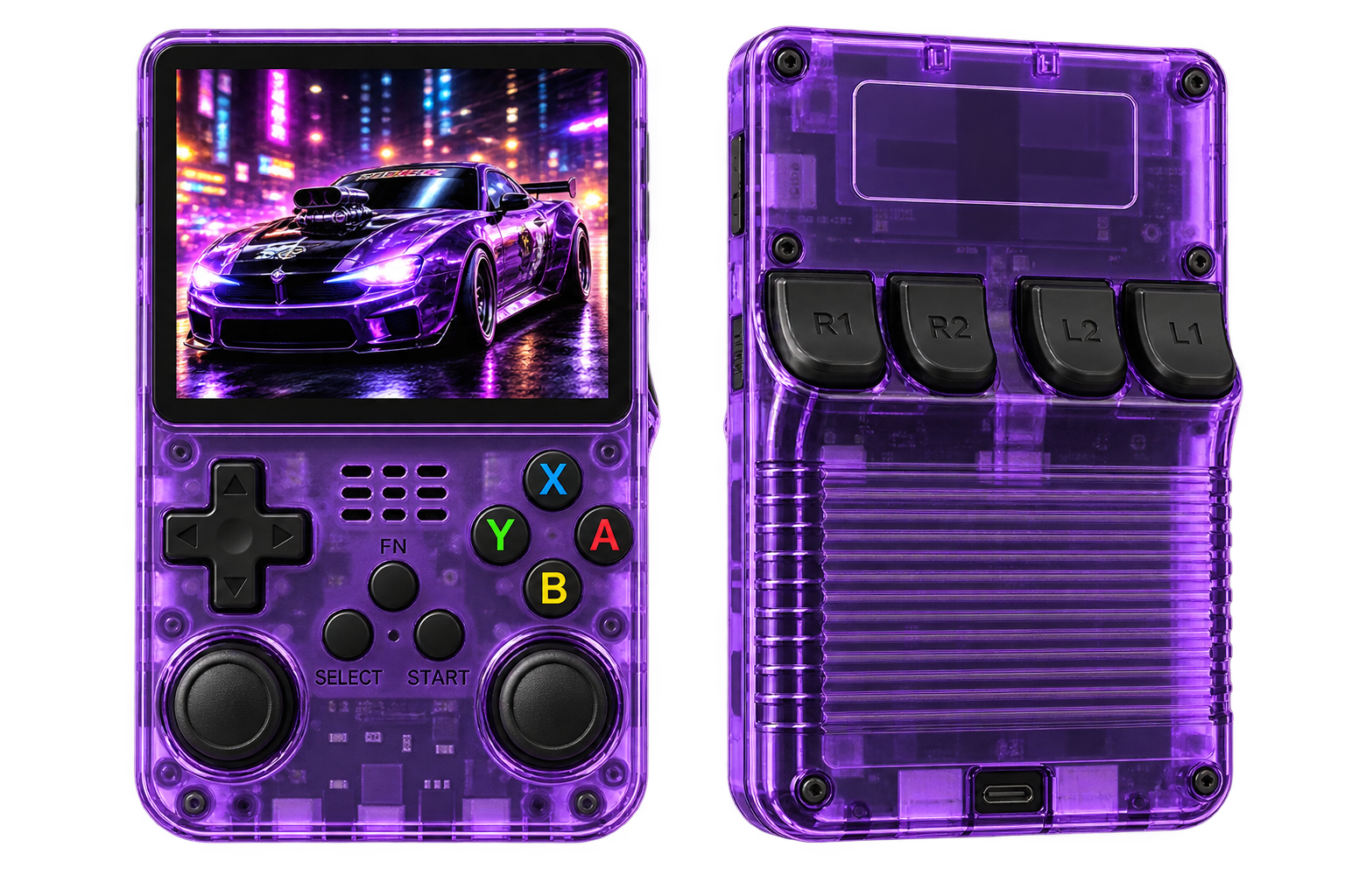 R36S Retro Gaming Console front and back